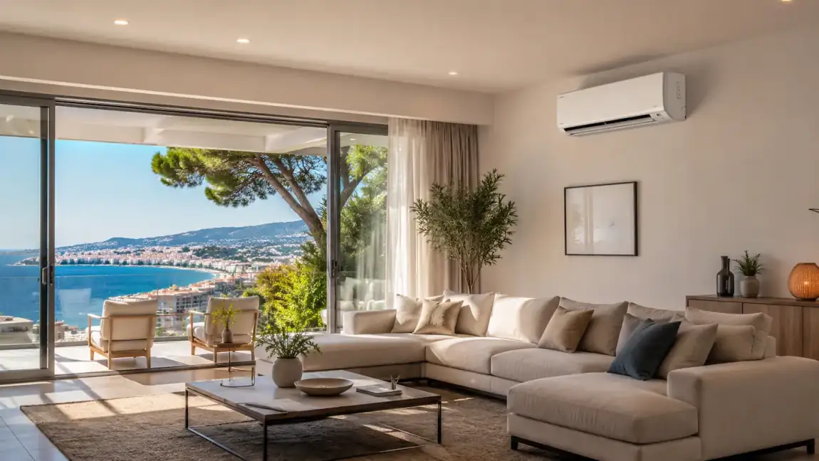 Salon lumineux avec une climatisation murale, ouvert sur la baie de Cannes