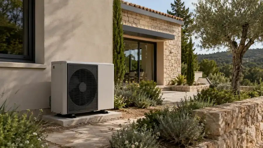 Pompe à chaleur installée à l’extérieur d’une maison