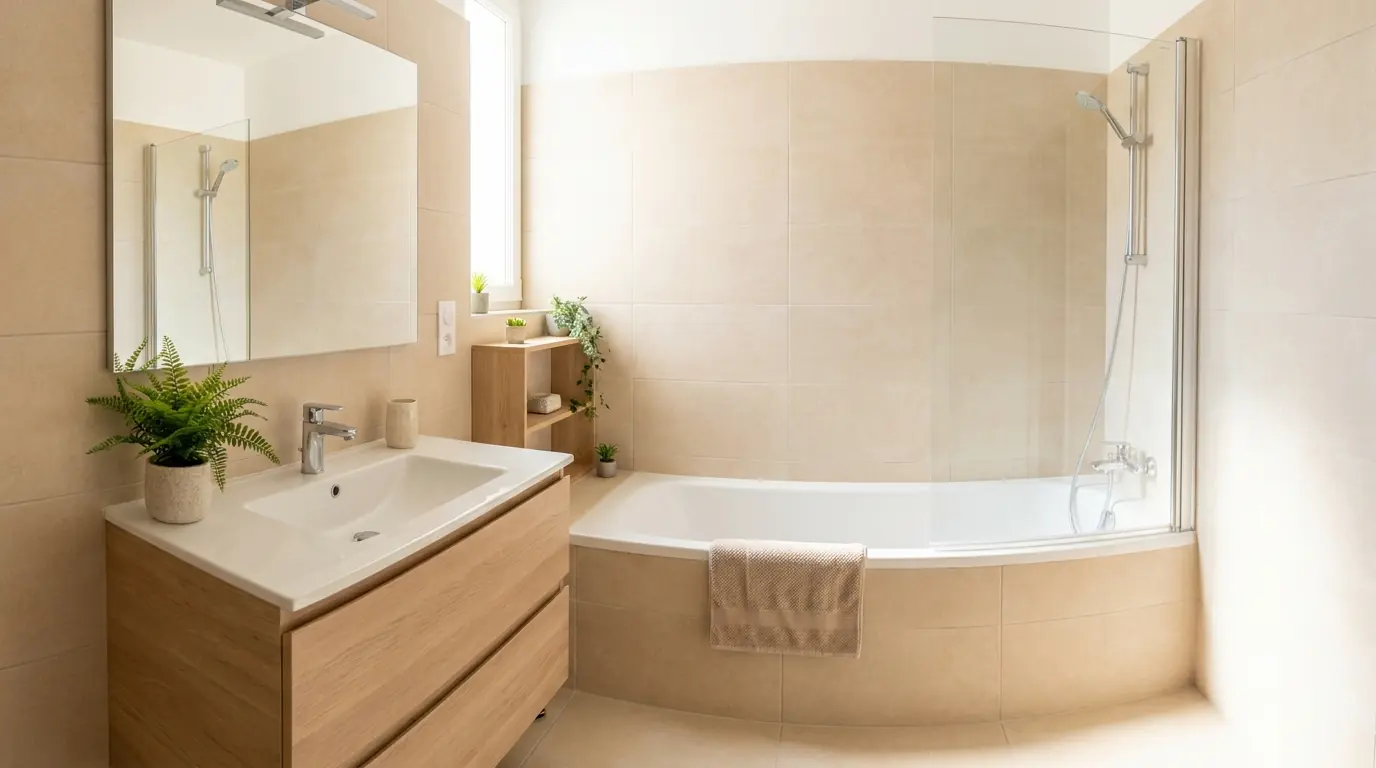 Salle de bains lumineuse avec lavabo, baignoire et espace douche