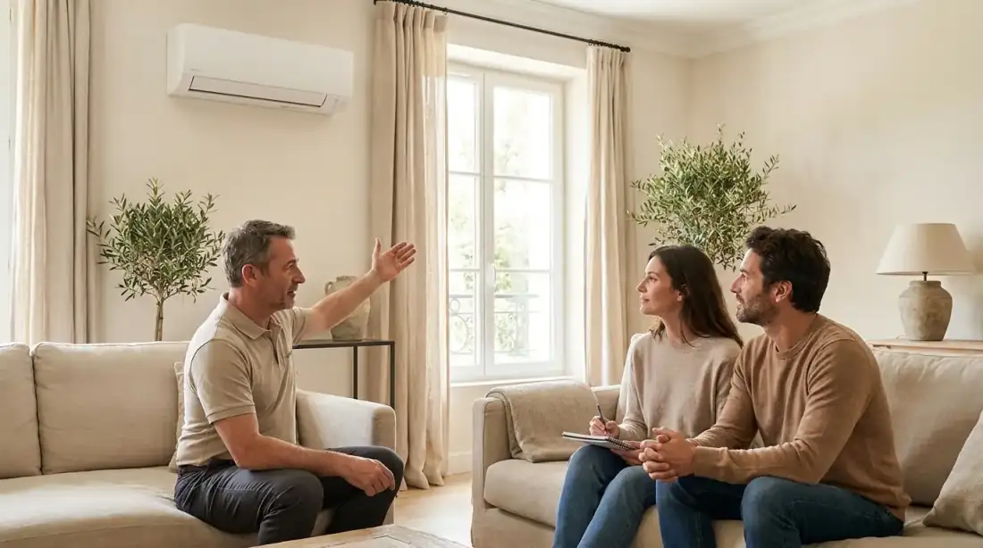 Technicien climatisation conseillant des particuliers à Cannes pour leur installation